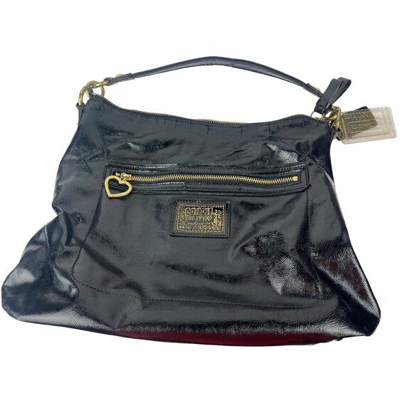 Coach Daisy Patent Leather Gloss Shoulder Bag Black Gold Zip Pendant - Picture 11 of 15